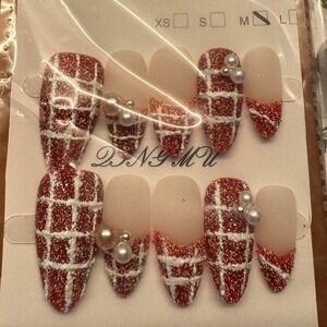 Press On Nails Red Plaid Pearl Accent Luxury Style Nail‎ Art Manicure
